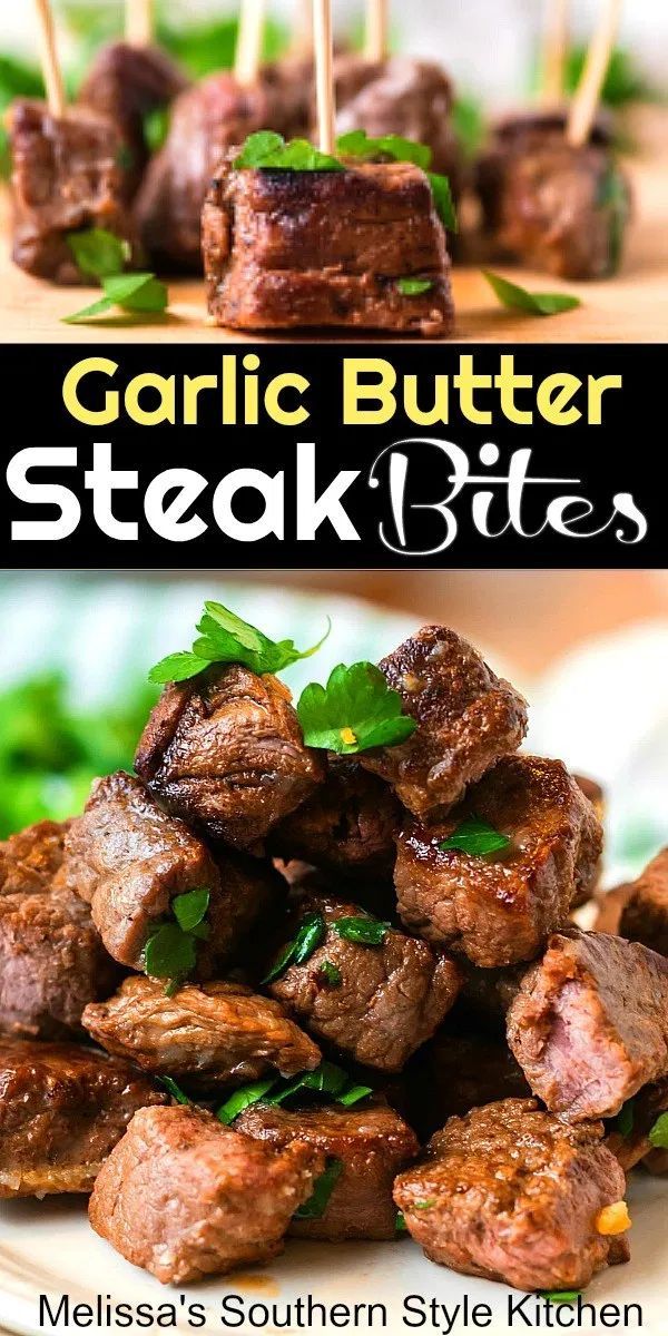 garlic butter steak bites on a plate with toothpicks