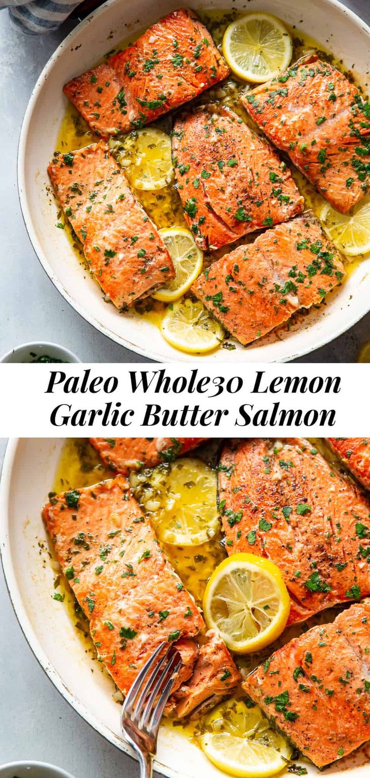 two images showing how to cook salmon with garlic butter and lemon