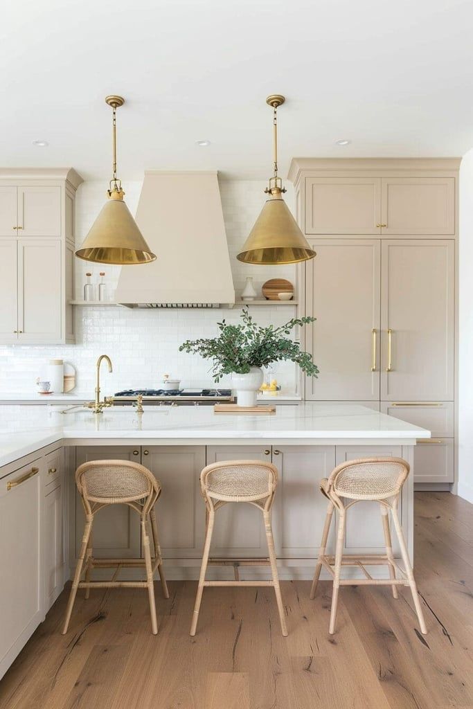 two stools are in the middle of a kitchen with white countertops and gold pendant lights