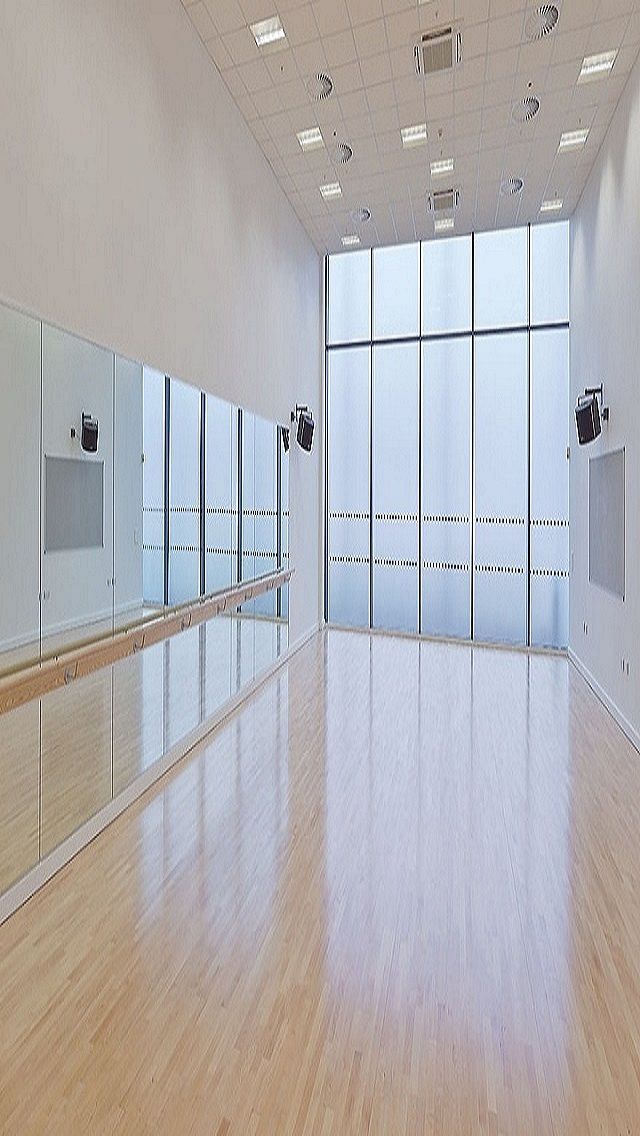 an empty dance hall with mirrors on the wall and hard wood flooring in front of large windows