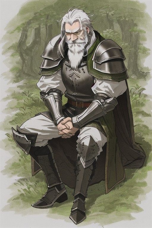 an old man in armor sitting on the ground