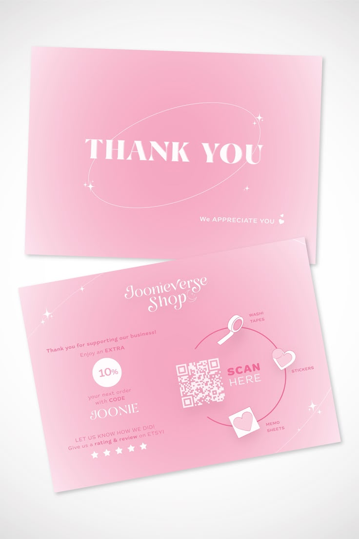 two pink business cards with the words thank you on them and an image of a shopping bag