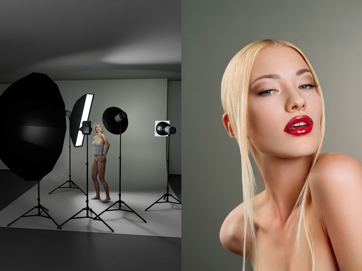 a woman with red lipstick standing in front of a camera and lighting equipment behind her