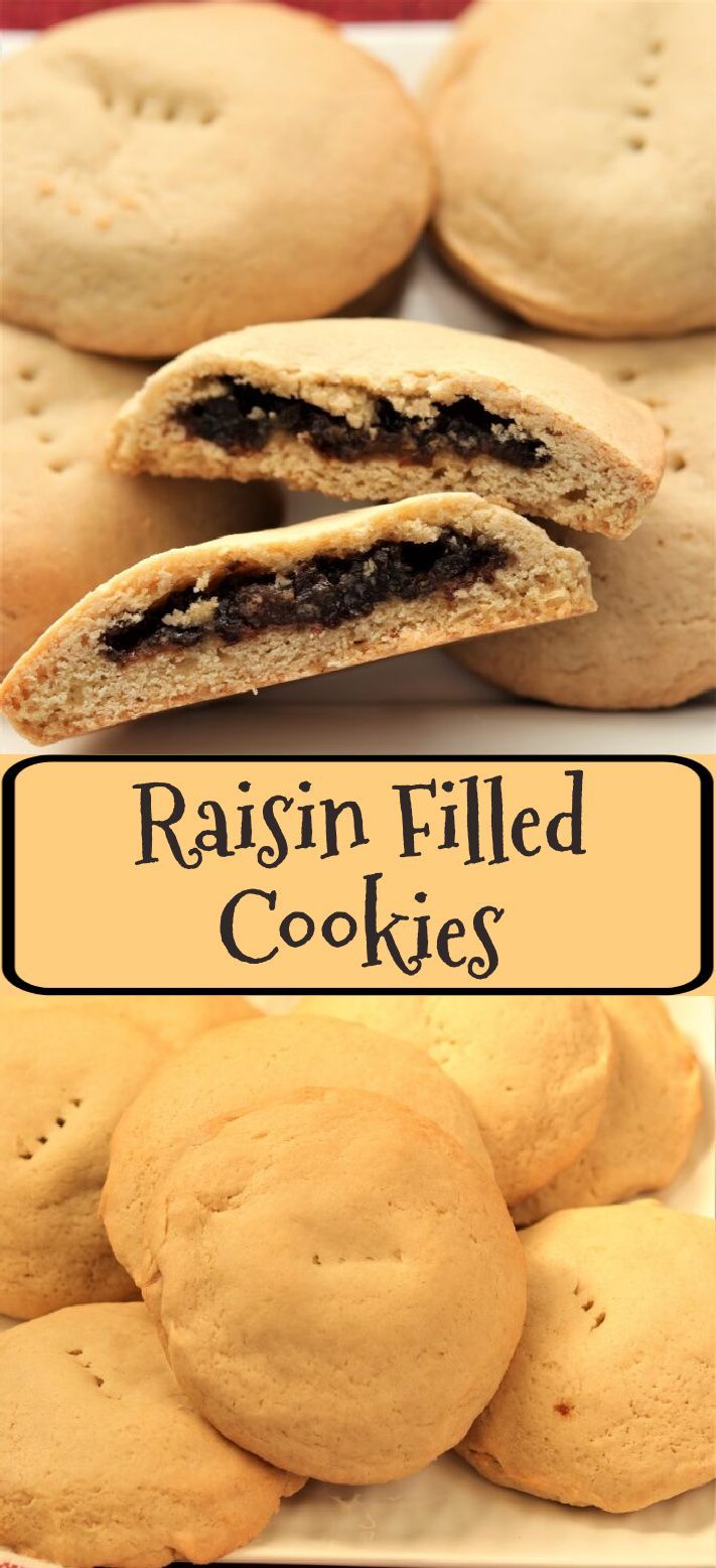 raisin filled cookies on a plate with the words raisin filled cookies above them