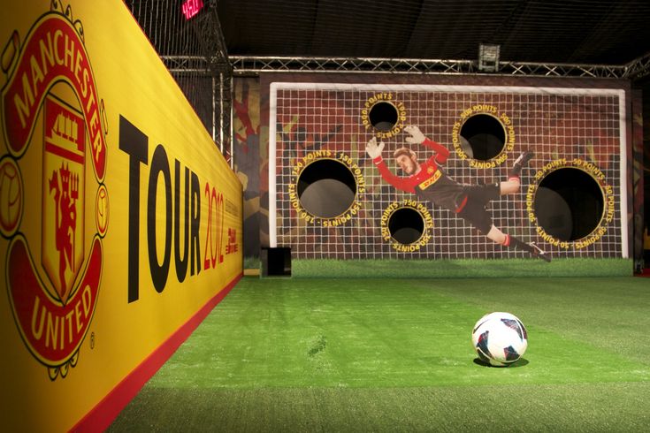 a soccer ball sitting on top of a green field next to a goalie net