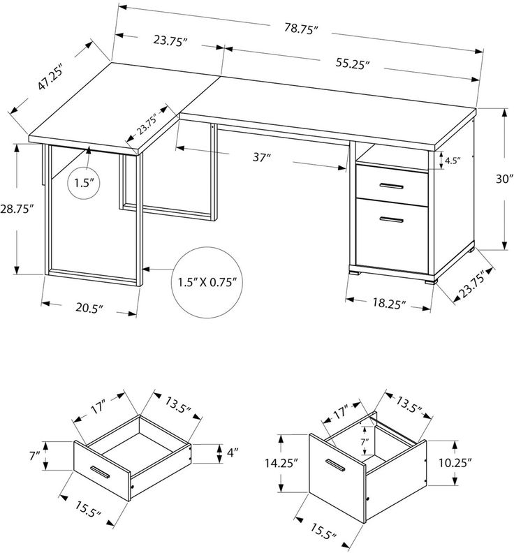 the drawing shows an office desk with two drawers and one file cabinet, as well as measurements