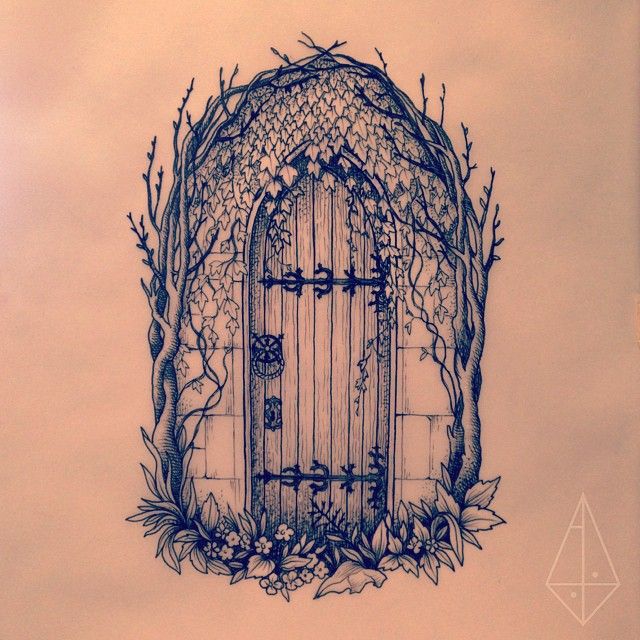 a drawing of a door in the middle of trees