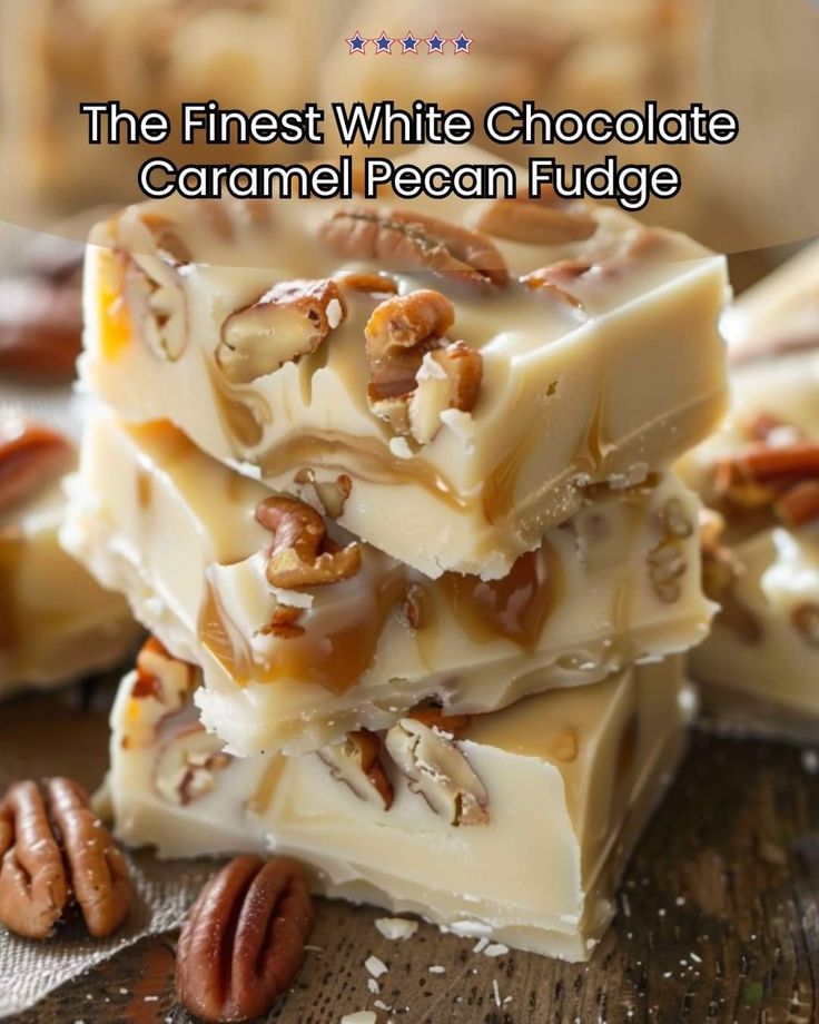 the finest white chocolate caramel pecan fudge is stacked on top of each other