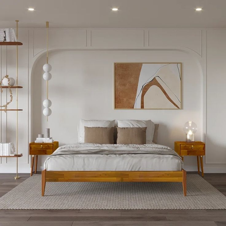 a bedroom with white walls and wooden furniture, including a large bed in the center