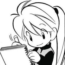 a cartoon girl reading a book while holding a pen and looking at the pages in her notebook