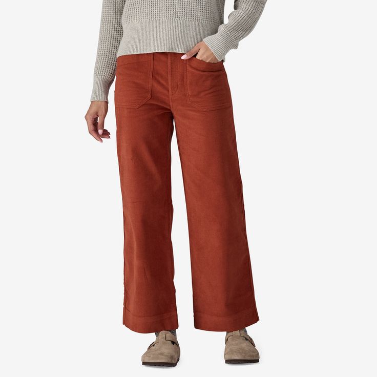 Designed for daily comfort, these straight-leg, high-rise pants have a touch of stretch and are made from 99% Cotton in Conversion, which supports farmers on the path to organic certification. Made in a Fair Trade Certified™ factory. | Patagonia Women's Wide-Leg Corduroy Pants in Burnished Red, Size 4 - Casual Pants Cord Pants, Corduroy Pants Women, Pants Corduroy, Cords Pants, Winter Pants, High Rise Pants, Women Pants Casual, Patagonia Womens, Corduroy Pants