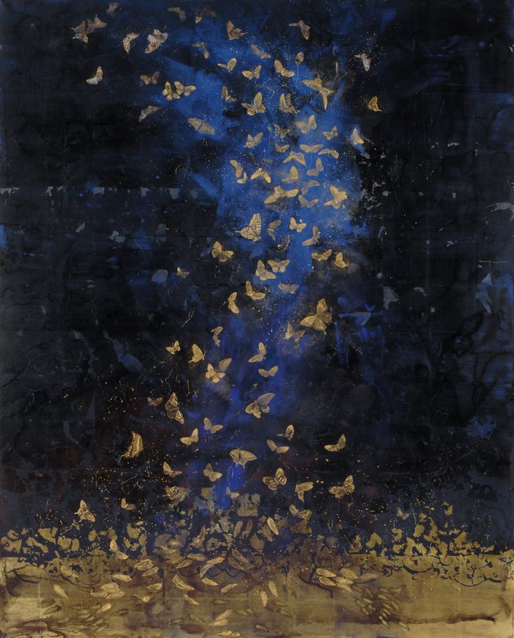 an abstract painting with blue and gold butterflies in the sky over a dark background,