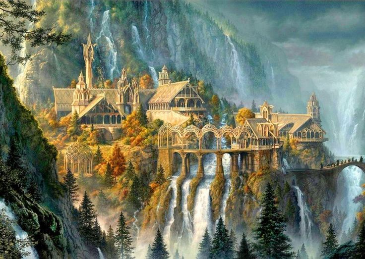 a cross stitch picture of a castle in the middle of a waterfall with houses on it