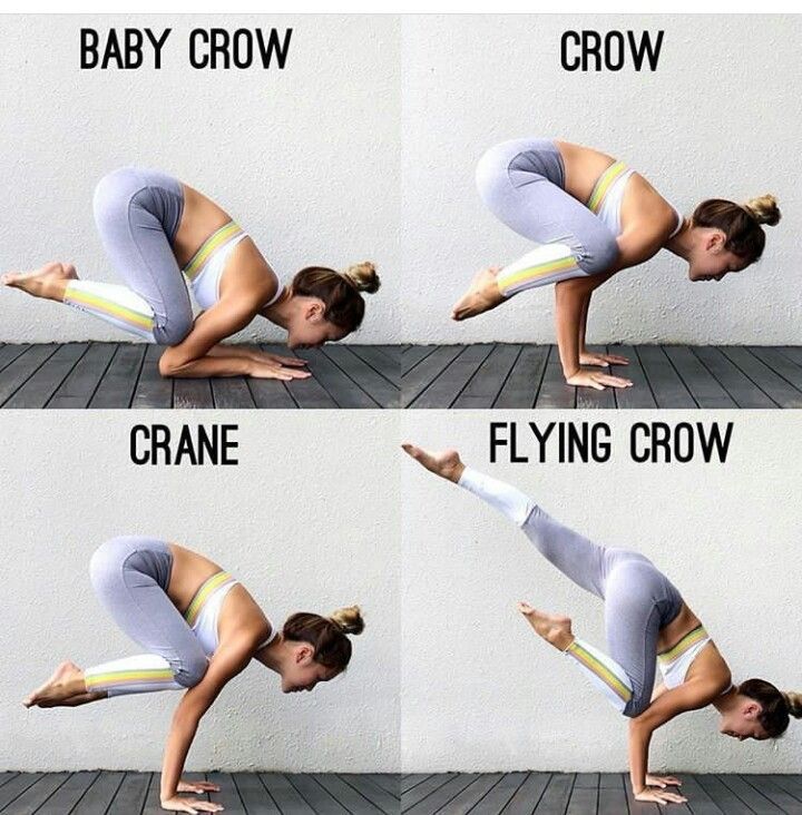 a woman doing yoga poses with the words baby crow and flying crow