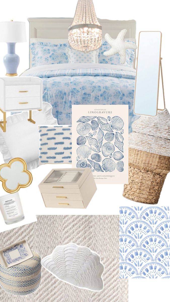 a bedroom with blue and white decor on the walls, bed linens, pillows, lamps, and other items