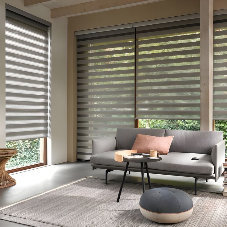 a living room with two couches and windows covered in blind shades that look out onto the trees