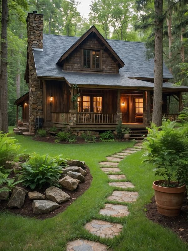 a log cabin with stone steps leading to the front porch