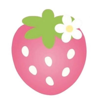 a pink strawberry with white polka dots and a flower on the tip of its head