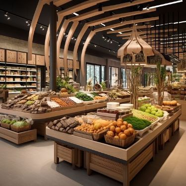 an open market with lots of fruits and vegetables in baskets on the tables, along with shelves filled with produce