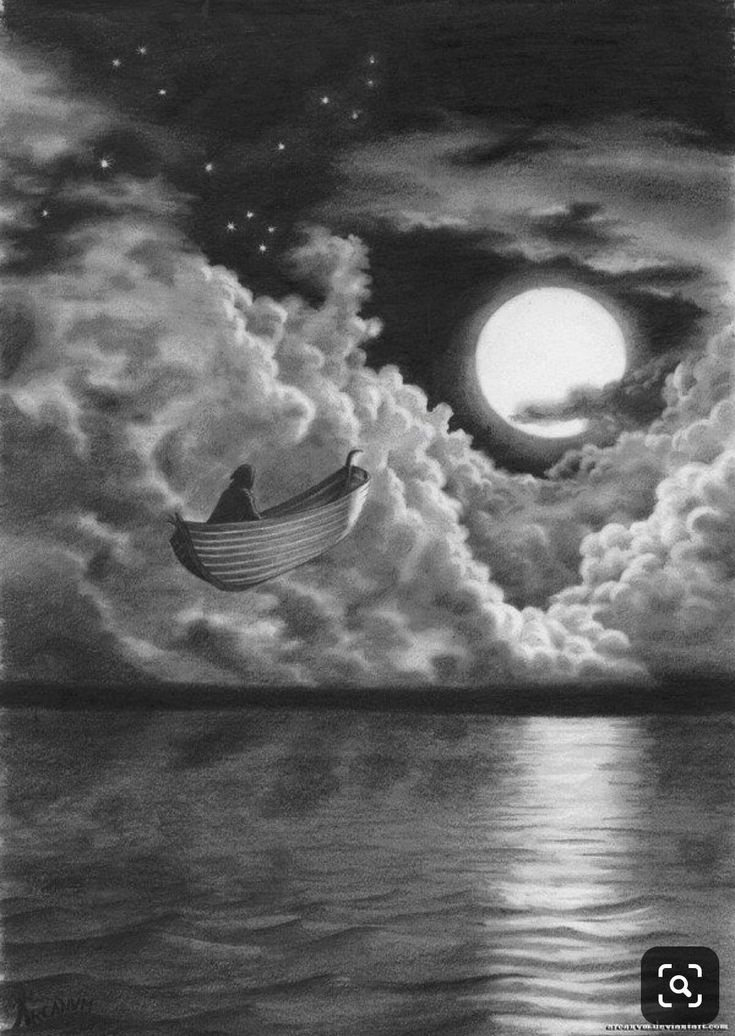 a boat floating on top of a body of water under a full moon filled sky