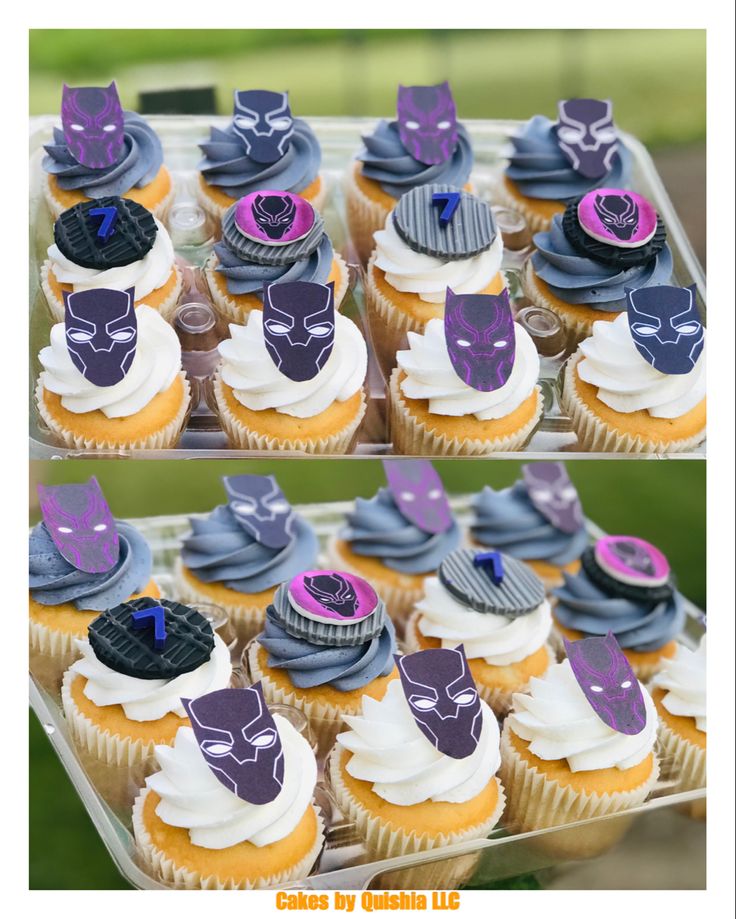 cupcakes with purple and blue frosting decorated as hats, scarves and masks