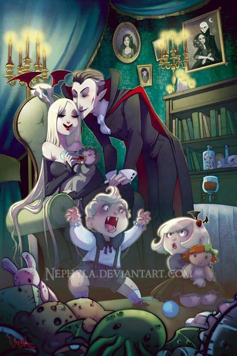 an image of a family in the living room with ghost and devil on the couch