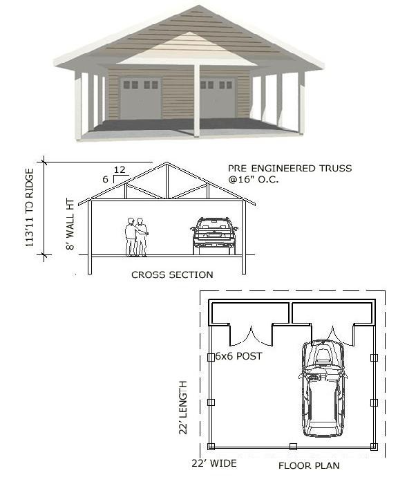 two car garage plans are shown with measurements