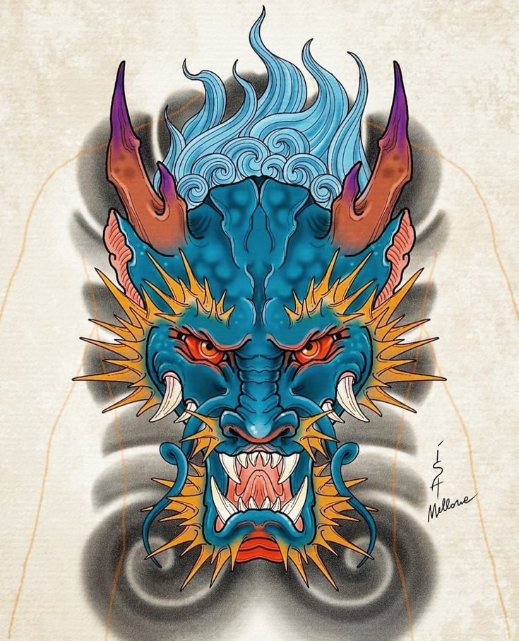 a drawing of a dragon head with blue and orange colors