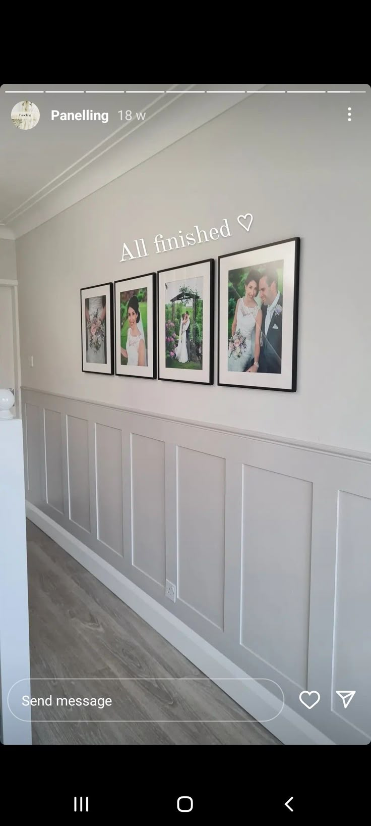 three framed pictures hanging on the wall next to a refrigerator freezer in a kitchen