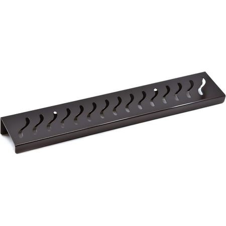 a black metal shelf with four holes on the bottom and one hole in the middle