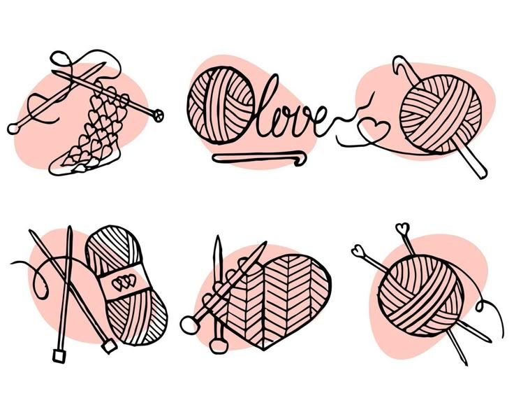 four different types of knitting needles and balls of yarn with the word love written on them