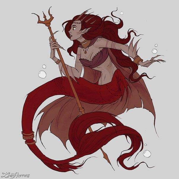 a drawing of a mermaid holding a wand and wearing a red dress with her hair blowing in the wind