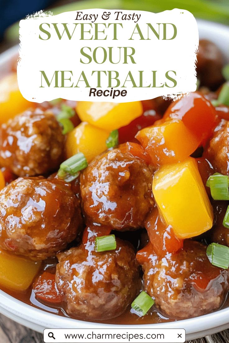 sweet and sour meatballs recipe in a white bowl on a wooden table with text overlay