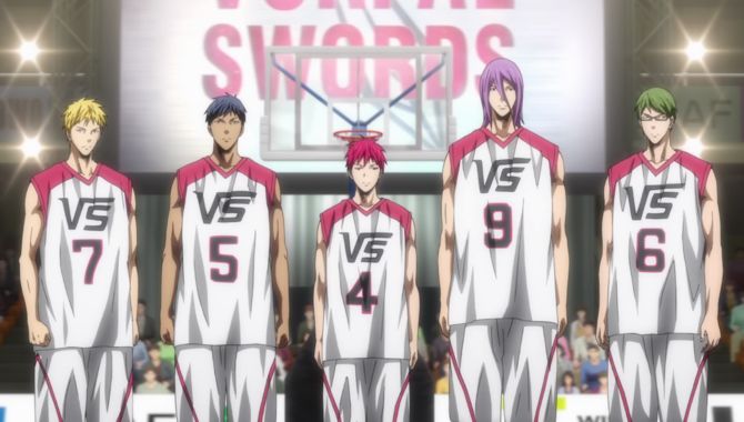 five anime basketball players standing in front of a large screen with the words future swords on it