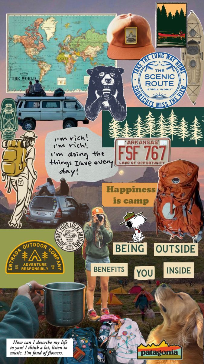 a collage of various travel related items and words, including an image of a woman with her dog