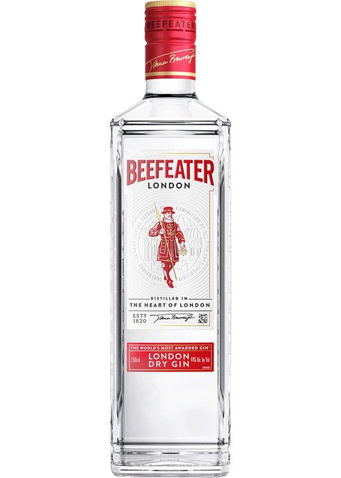 a bottle of beefeater london dry gin on a white background with a red cap