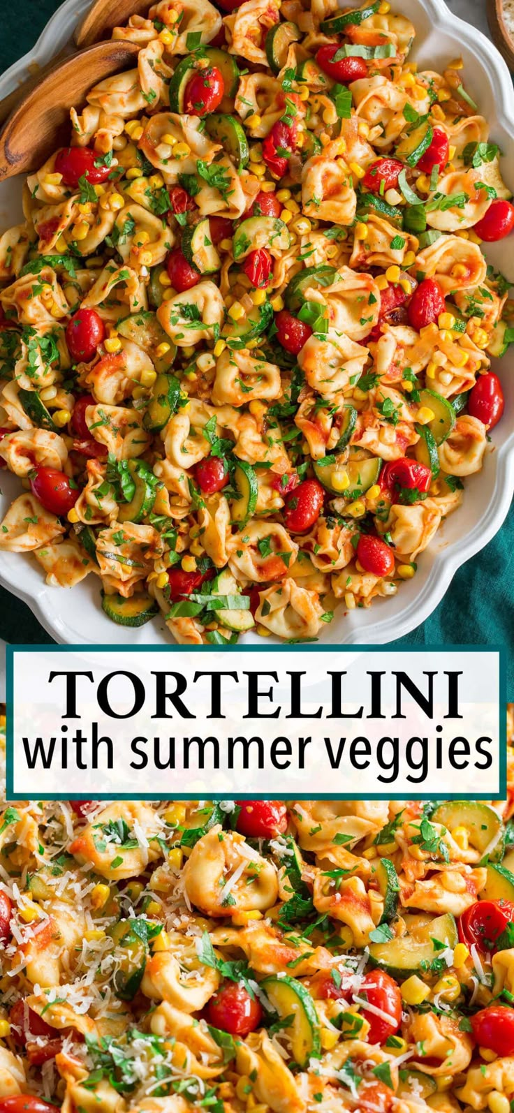 tortellini with summer veggies in a white dish