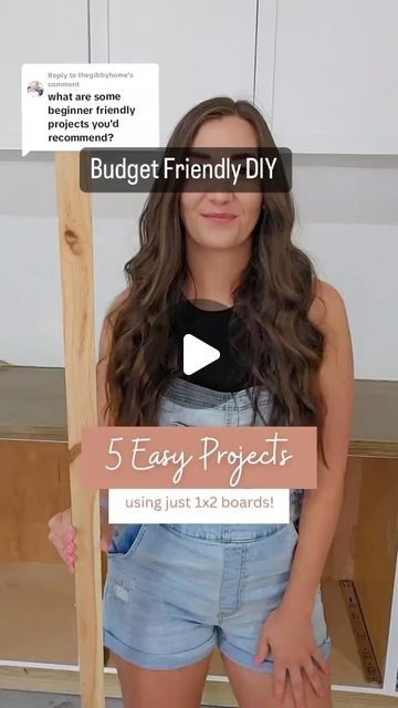 a woman standing in front of a wooden sign that says 5 easy projects using just 3x4 boards