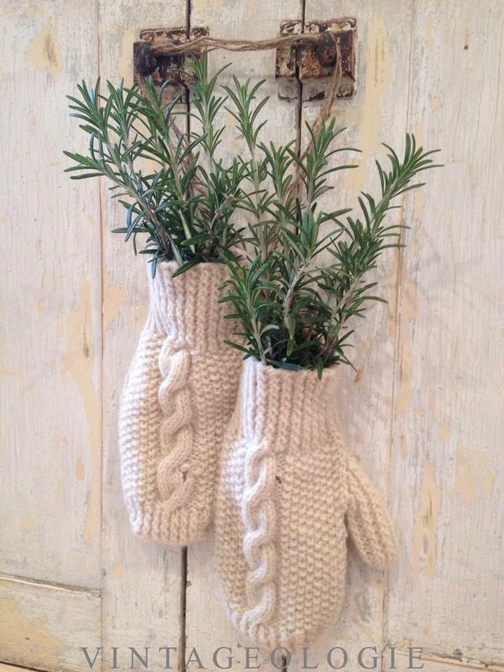 two knit mittens hanging on a wall with plants in them