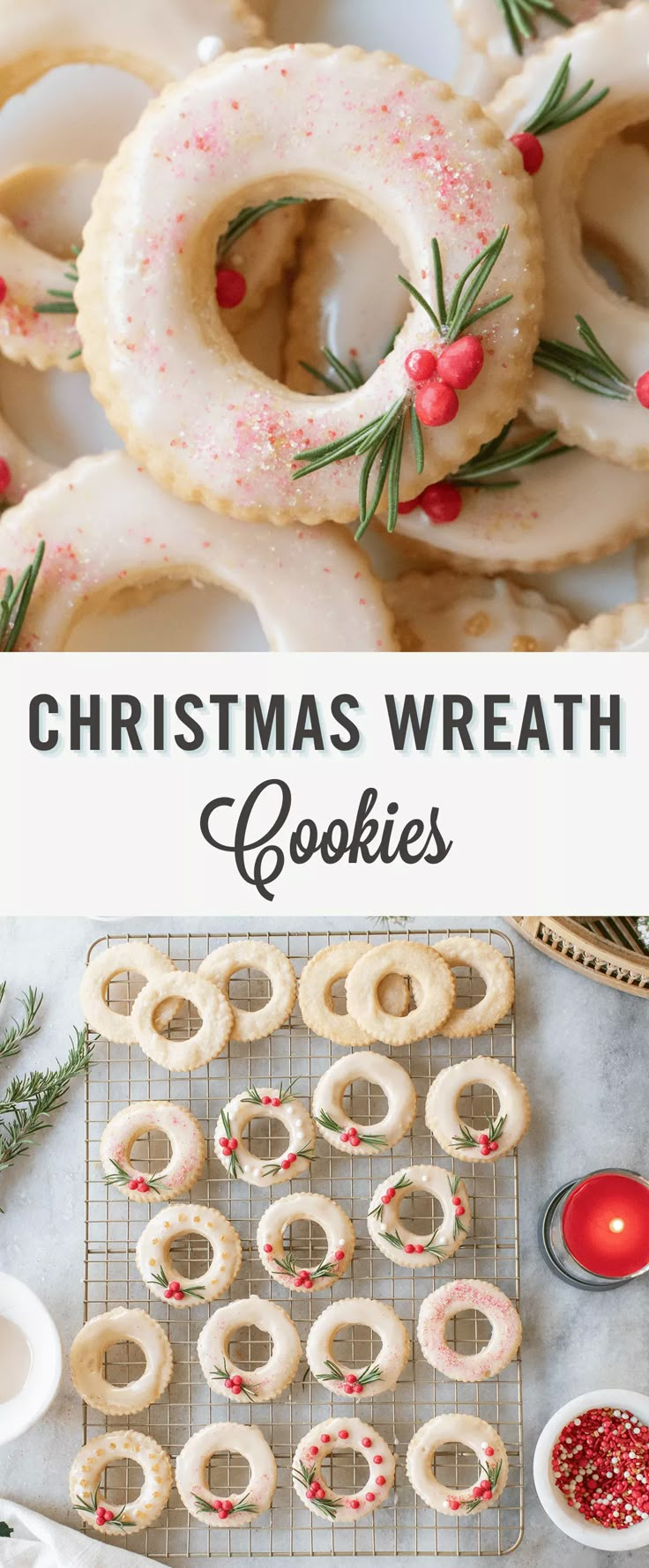 christmas wreath cookies with sprinkles on top and in the middle, surrounded by other holiday treats