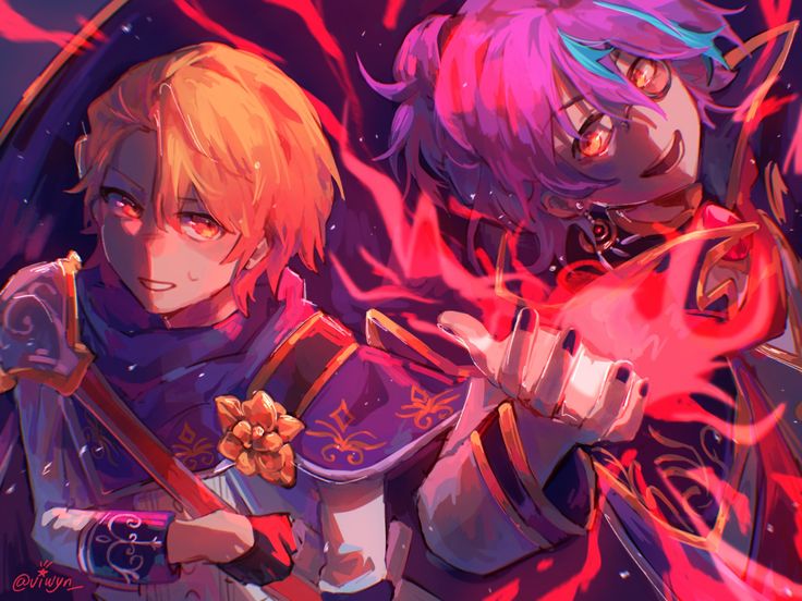 two anime characters standing next to each other in front of a red fire and stars background