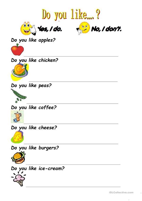 a printable worksheet for children to learn how to say do you like?