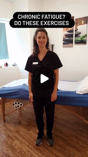 a woman standing in front of a bed with the words chronic fatigue do these exercises?