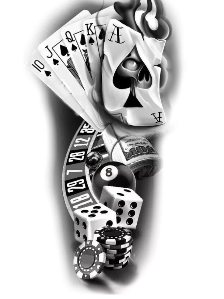 a black and white tattoo design with playing cards, dice and skull on the side