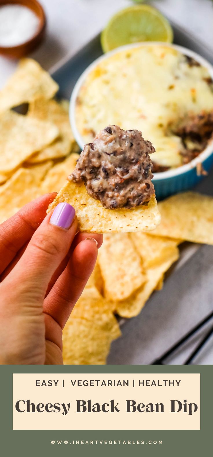 a hand holding a tortilla chip with black bean dip