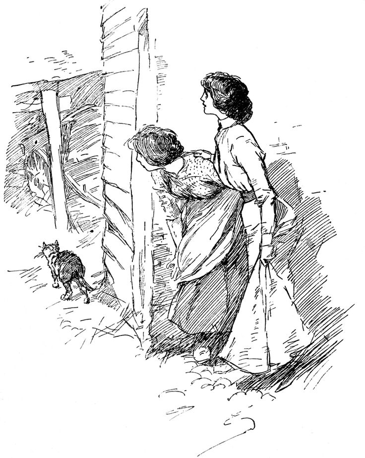 an old black and white drawing of a woman looking at a cat