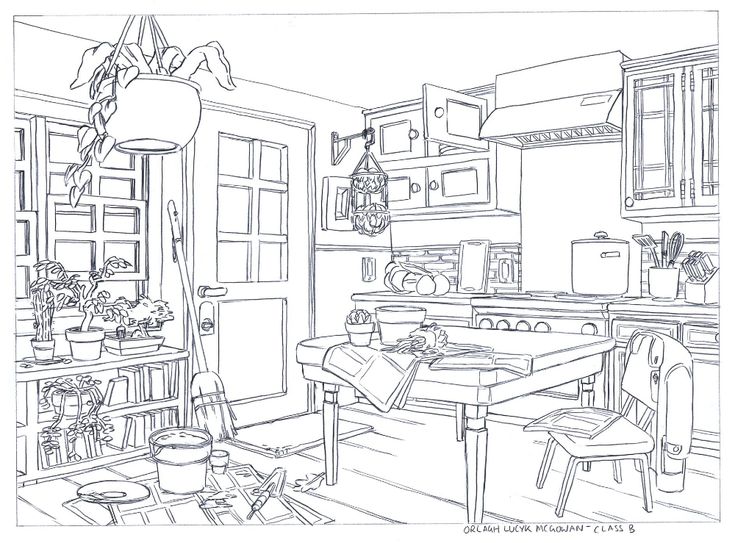 this is a black and white drawing of a kitchen