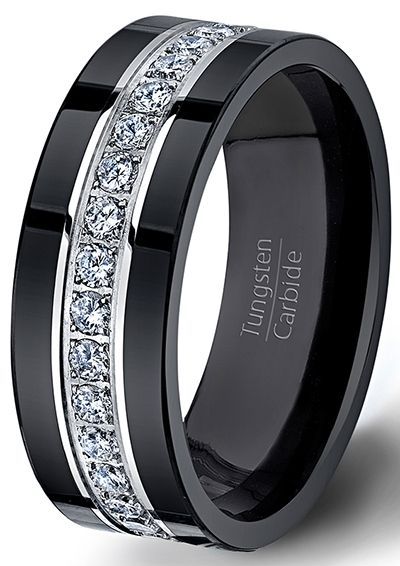 a black wedding ring with two rows of diamonds