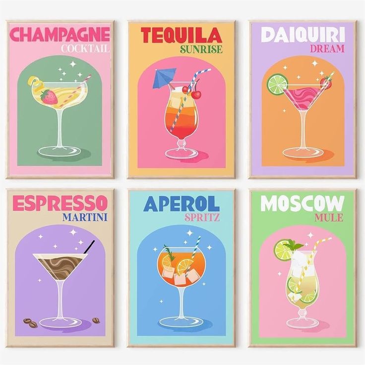 four different types of cocktails are shown in this poster printable set, each with their own name