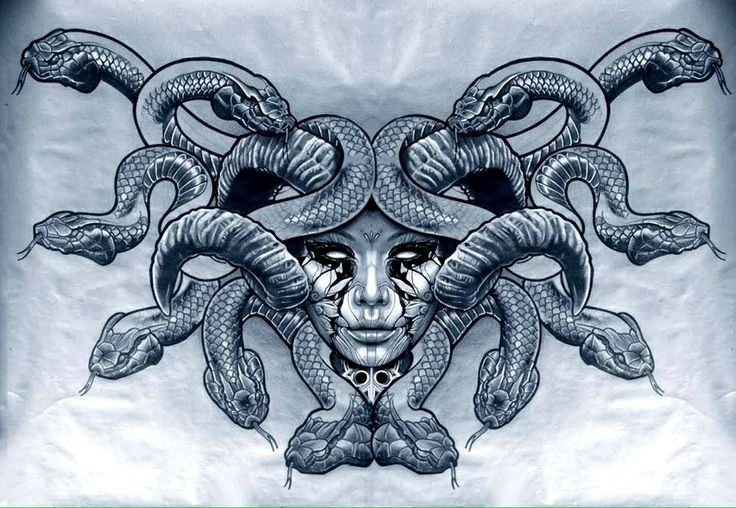 a drawing of a woman's face surrounded by snakes